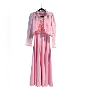 Vintage 80s Pink Maxi Dress with Sheer Bolero Jacket Set Cottagecore